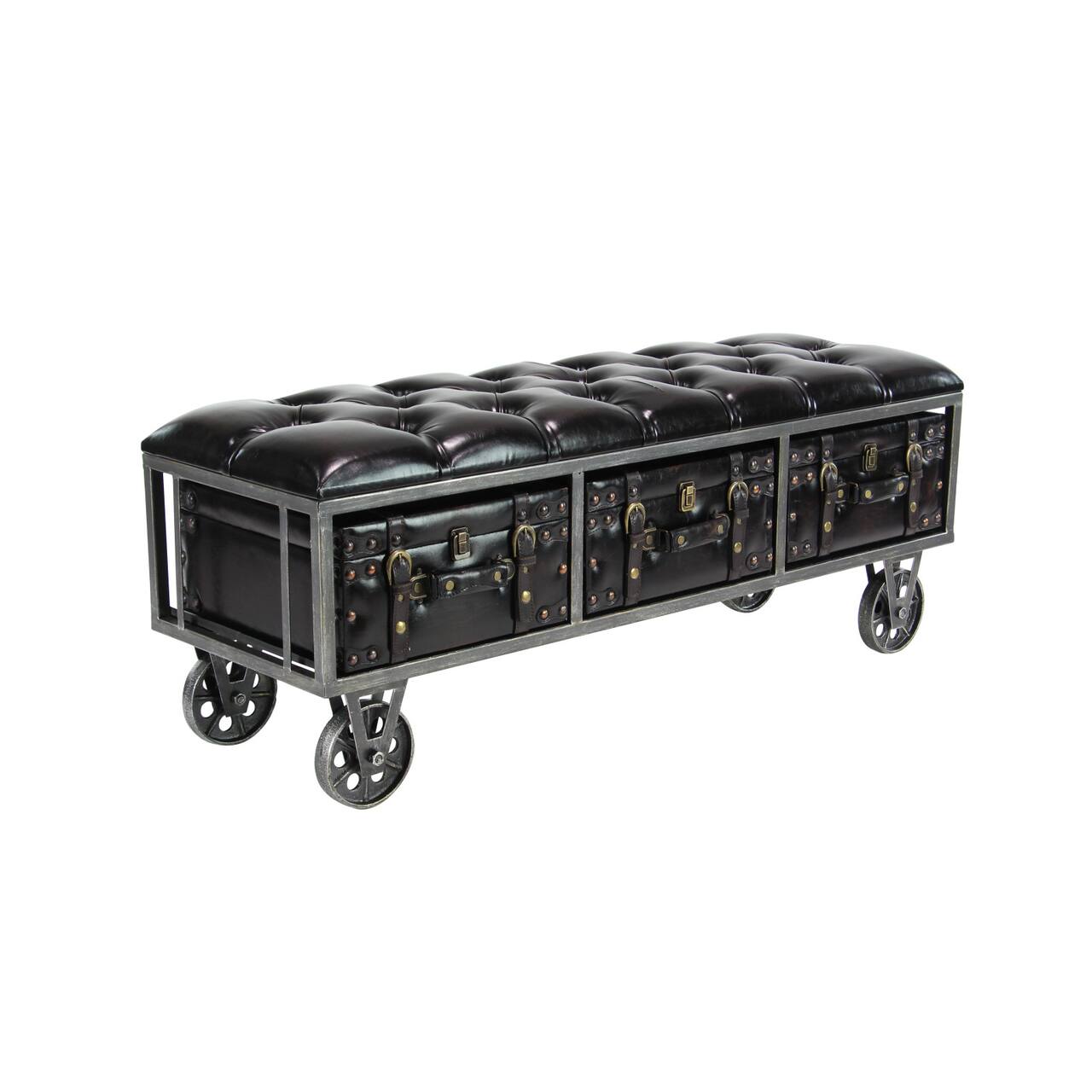 Industrial Rectangular Black Faux Leather and Wood Storage Bench, 19" x 47" x 16"